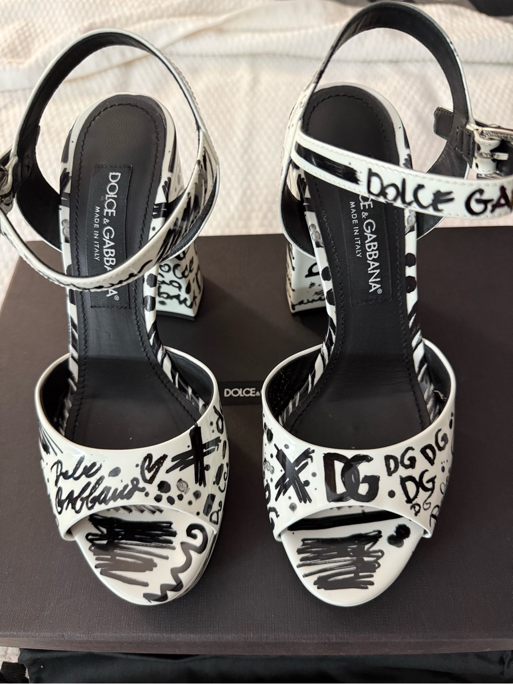 Dolce & Gabbana White and Black Graffiti Block Heel Sandals
